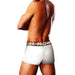 Man wearing white Prowler trunks with rainbow waistband, shown from the back on a white background