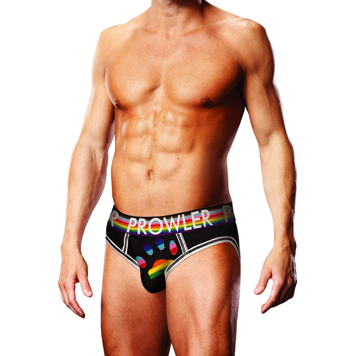 Male model wearing black Prowler briefs with rainbow paw print and matching rainbow waistband.