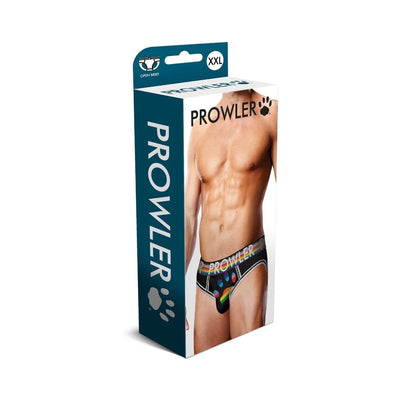 Packaging of Prowler Black Oversized Paw Open Briefs featuring a male model wearing colorful paw print underwear.