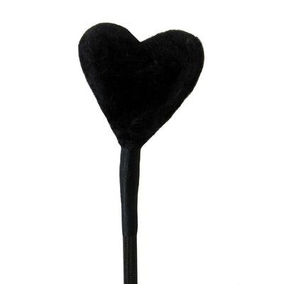 Black heart-shaped fluffy tip on a sleek black nylon-covered crop handle with braided leather grip.