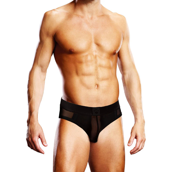 Male model wearing black mesh open brief underwear with a wide waistband on a white background.