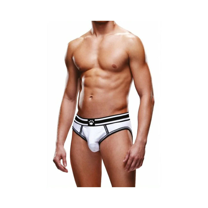 Male model wearing white and black Prowler open brief underwear with a branded waistband and contrast trim.