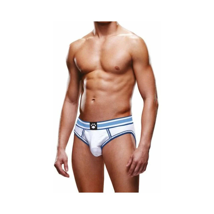 Male model wearing Prowler white and blue open brief underwear with a two-tone waistband and paw logo.