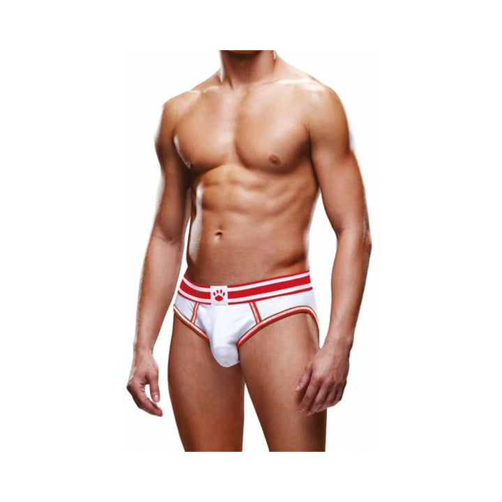 Male model wearing Prowler white and red open brief with two-tone waistband and paw logo, front view.