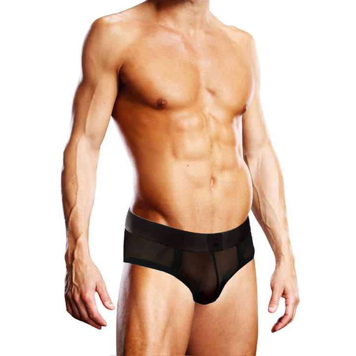 Male model wearing black mesh brief with a wide waistband, showcasing a breathable and lightweight design.
