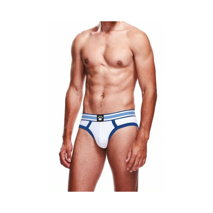Male model wearing Prowler white brief with blue trim and two-tone waistband featuring a paw logo.