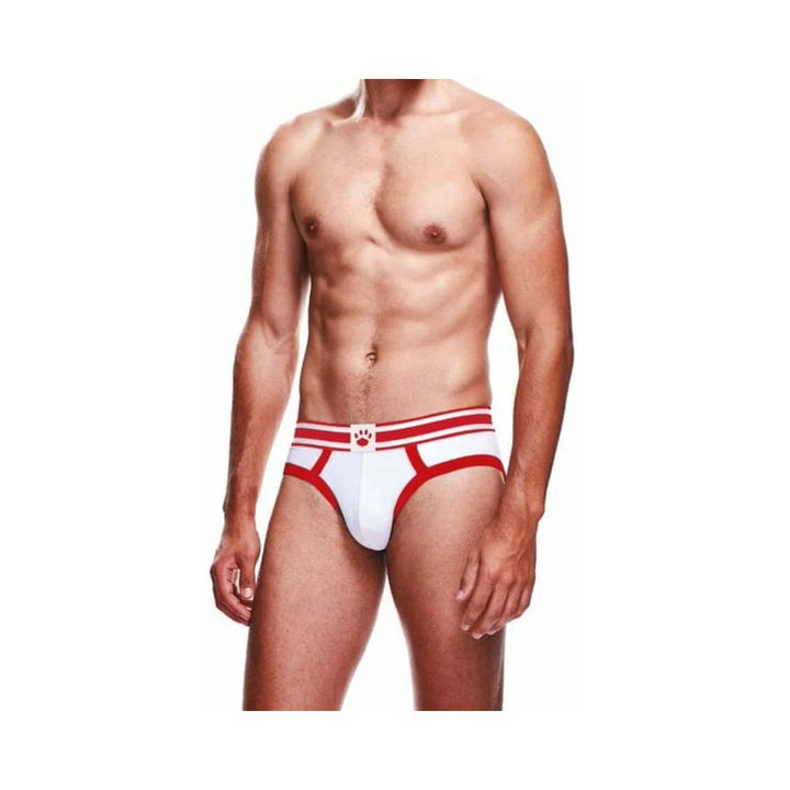 Male model wearing Prowler white brief with red trim and two-tone waistband featuring paw logo.