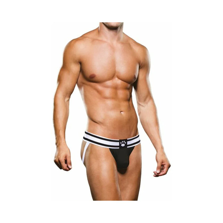 Male model wearing Prowler black and white jockstrap with two-tone waistband and paw logo.