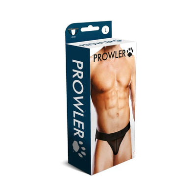 Packaging of Prowler Black Mesh Jock featuring a fit male model wearing the breathable black mesh jockstrap.