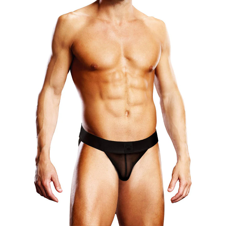 Male model wearing Prowler Black Mesh Jock with breathable mesh fabric and wide waistband.
