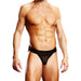 Male model wearing Prowler Black Mesh Jock with breathable mesh fabric and wide waistband.