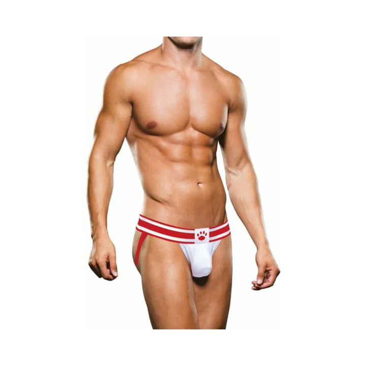 Male model wearing Prowler white and red jockstrap with two-tone waistband and paw logo on front.