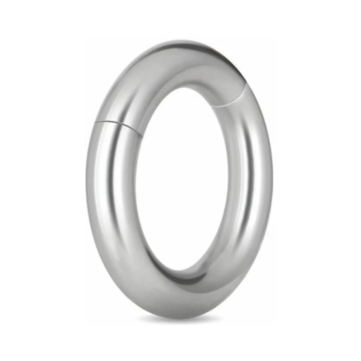 Smooth silver-tone magnetic steel ring with a sleek, polished finish and a seamless two-piece design.