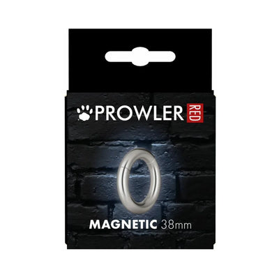 Packaging of Prowler Red Magnetic Ring 38mm steel cock ring against a dark brick background.
