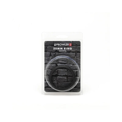 Black silicone 50mm ring in clear plastic packaging with black brick background and Prowler Red branding.