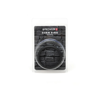 Prowler Red 55mm black silicone ring in clear plastic packaging with brick wall background.