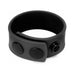 Black silicone adjustable cock strap with snap button closure detail on white background.