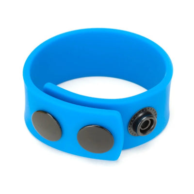 Blue silicone adjustable strap with black snap buttons on a white background