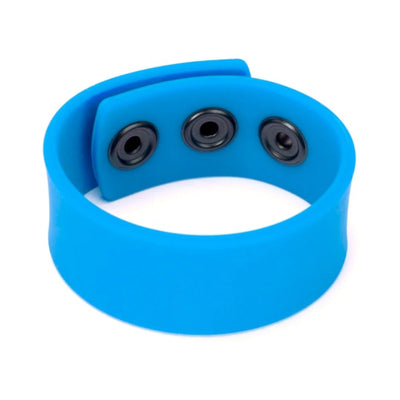 Blue silicone adjustable strap with three snap buttons for a customizable fit accessory.