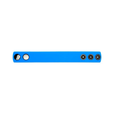 Blue adjustable silicone strap with metal snap buttons for a customizable fit accessory.