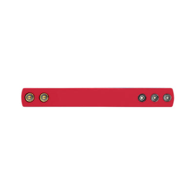 Red silicone adjustable strap with multiple snap button closures for a customizable fit.
