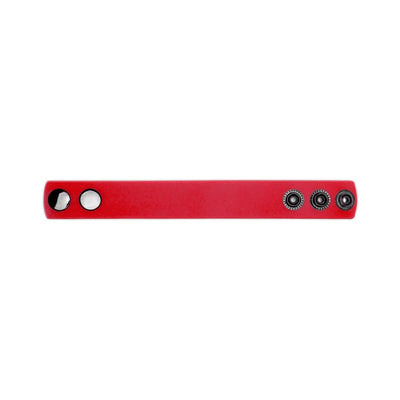 Red silicone adjustable strap with metal snap closures for a secure and comfortable fit.
