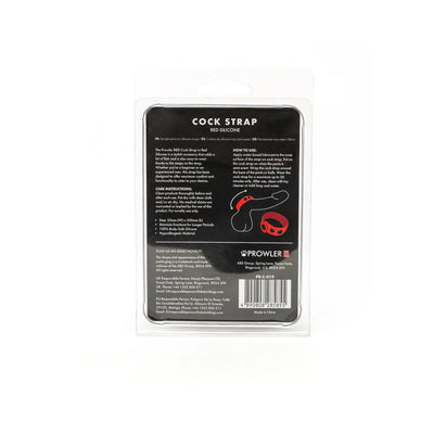 Packaging of the Prowler Red Silicone Cock Strap showing product details and usage instructions on a black background.