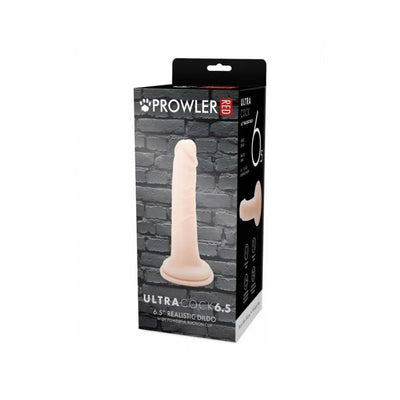 Packaging box of Prowler Red Ultra Cock 6.5 realistic dildo with suction cup base against a gray brick background.