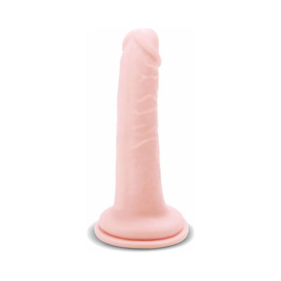 Pale pink realistic dildo with lifelike veins, bulbous head, slight curve, and sturdy suction cup base for hands-free use.