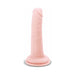 Pale pink realistic dildo with lifelike veins, bulbous head, slight curve, and sturdy suction cup base for hands-free use.