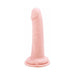 Realistic 6.5-inch soft pink silicone dildo with lifelike veins and suction cup base for hands-free use and harness compatibility.