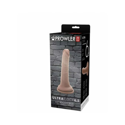 Packaging box of Prowler Red Ultra Cock 6.5 realistic dildo with suction cup base against a brick wall background.