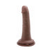 Realistic 6.5-inch brown silicone dildo with lifelike texture and suction cup base for hands-free use and harness compatibility.