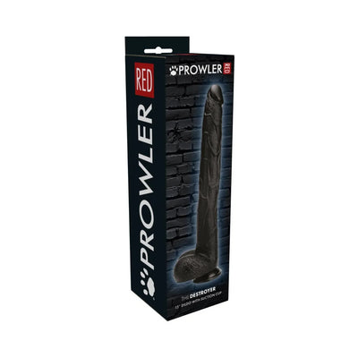 Prowler Red The Destroyer Black 15-inch realistic dildo with suction cup in retail packaging against white background.