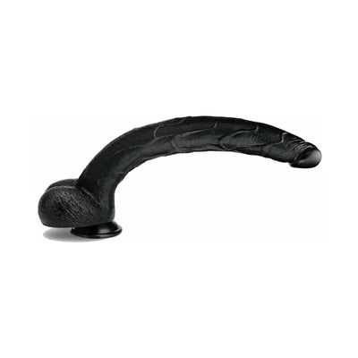 Black flexible realistic dildo with flared base and textured surface designed for deep pleasure.