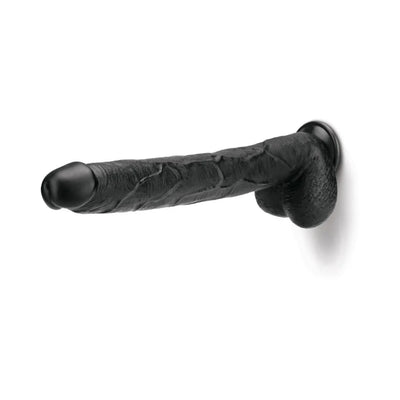 Black realistic textured dildo with flared base and suction cup for secure placement.