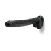 Black realistic textured dildo with flared base and suction cup for secure placement.