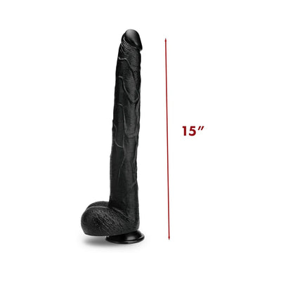 Black 15-inch realistic textured dildo with flared base and suction cup, standing upright on white background.