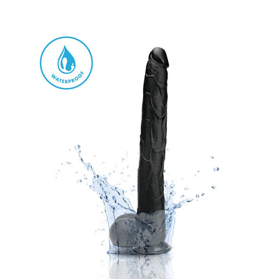Black realistic dildo with flared base and balls, shown with water splash to highlight waterproof feature.