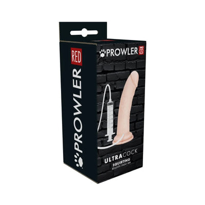 Packaging box of Prowler Red Ultra Cock Realistic Squirting Dildo with syringe for filling, 8-inch nude color toy.