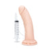 Realistic nude-colored dildo with veined texture and attached syringe for squirting feature, standing upright on a white background.
