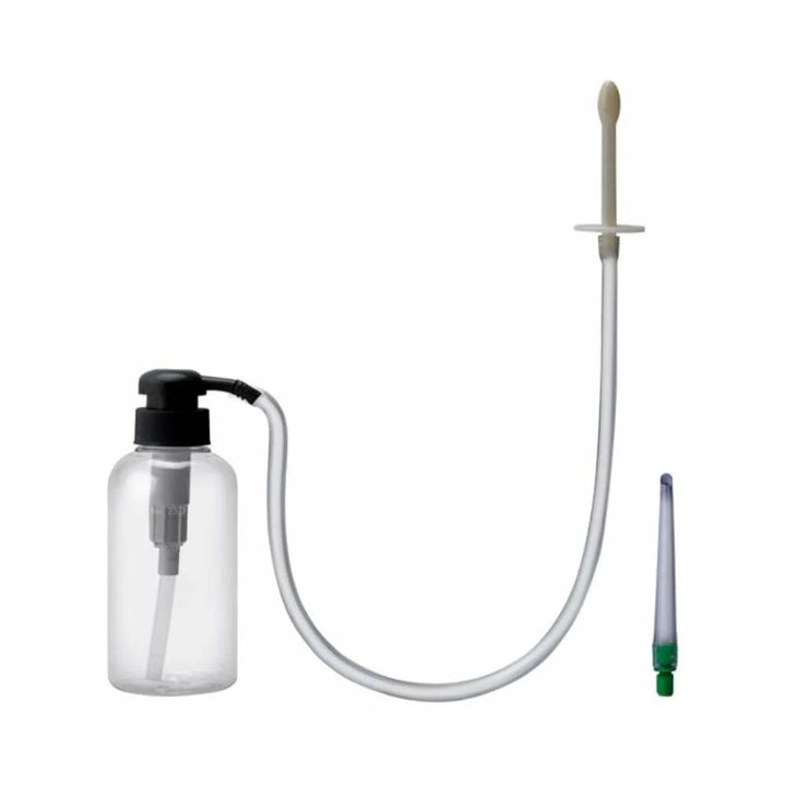 Clear pump bottle enema with attached hose and two interchangeable nozzles for personal cleansing.