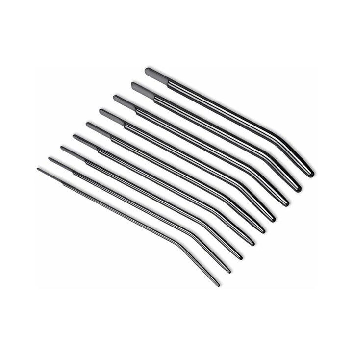 Set of nine polished stainless steel medical-grade sounding rods in varying lengths and thicknesses with curved tips.