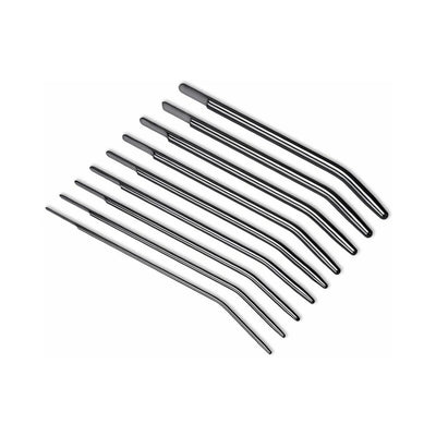 Set of nine polished stainless steel medical-grade sounding rods in varying lengths and thicknesses with curved tips.