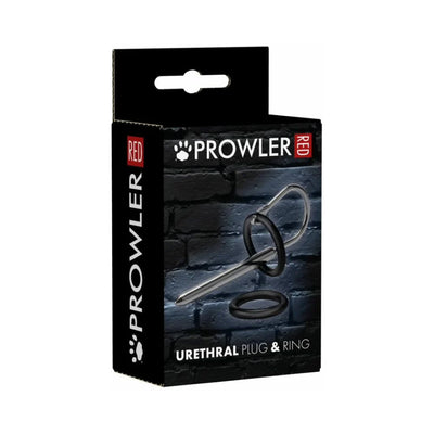 Packaging of Prowler Red Urethral Plug and Ring featuring a stainless steel plug and two black adjustable rubber rings.