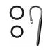 Stainless steel urethral plug with two black adjustable rubber rings on a white background.