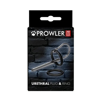 Prowler Red urethral plug with two black adjustable rings displayed on black brick background packaging.