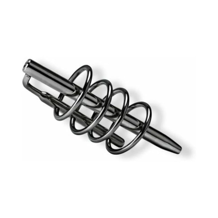 Sleek black metal urethral plug with spiral cage design for secure and stimulating wear.