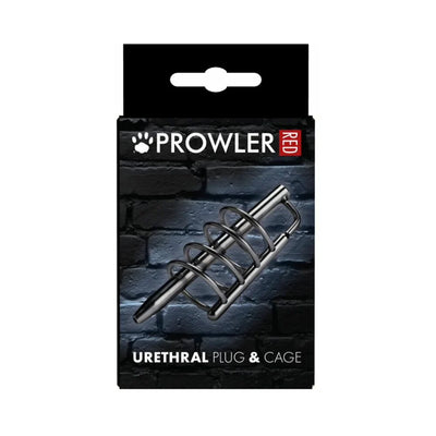 Prowler Red urethral plug and cage set displayed on black brick background packaging.