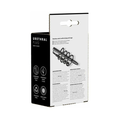 Packaging box of Prowler Red Urethral Plug and Cage showing product image and key features in black and white design.